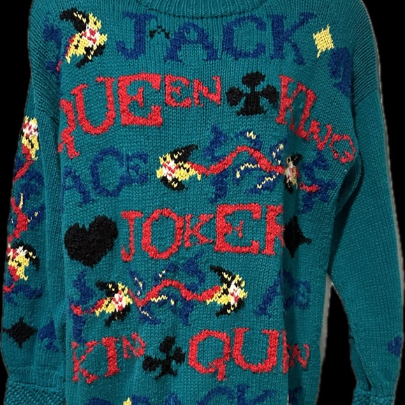 Teal Vegas Sweater Hand Knit Cotton Crochet Cuff Queen King Jack Joker Gambler - Picture 4 of 9
